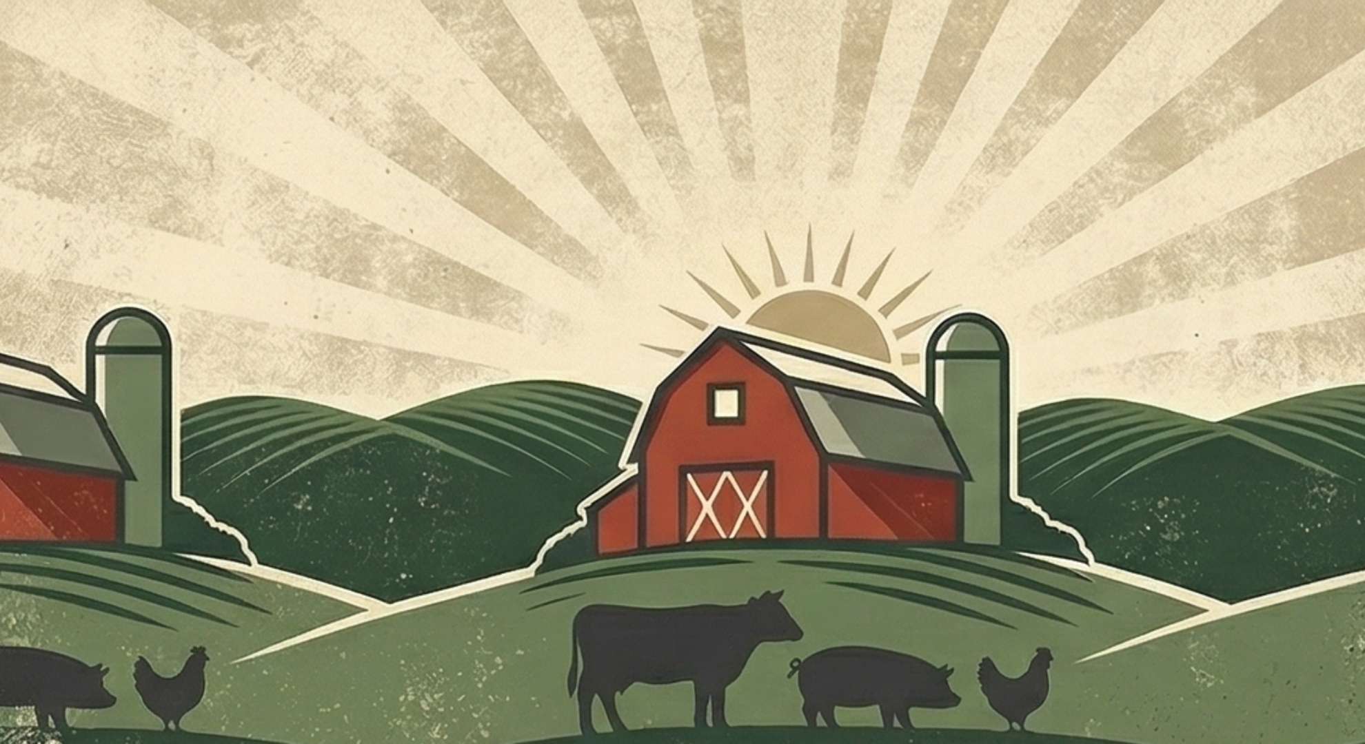 Farm illustration with rolling green fields and equipment